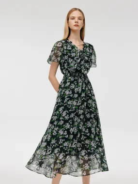 10 Momme Mulberry Silk Floral Printed Bow Tie Neck Women Midi Dress