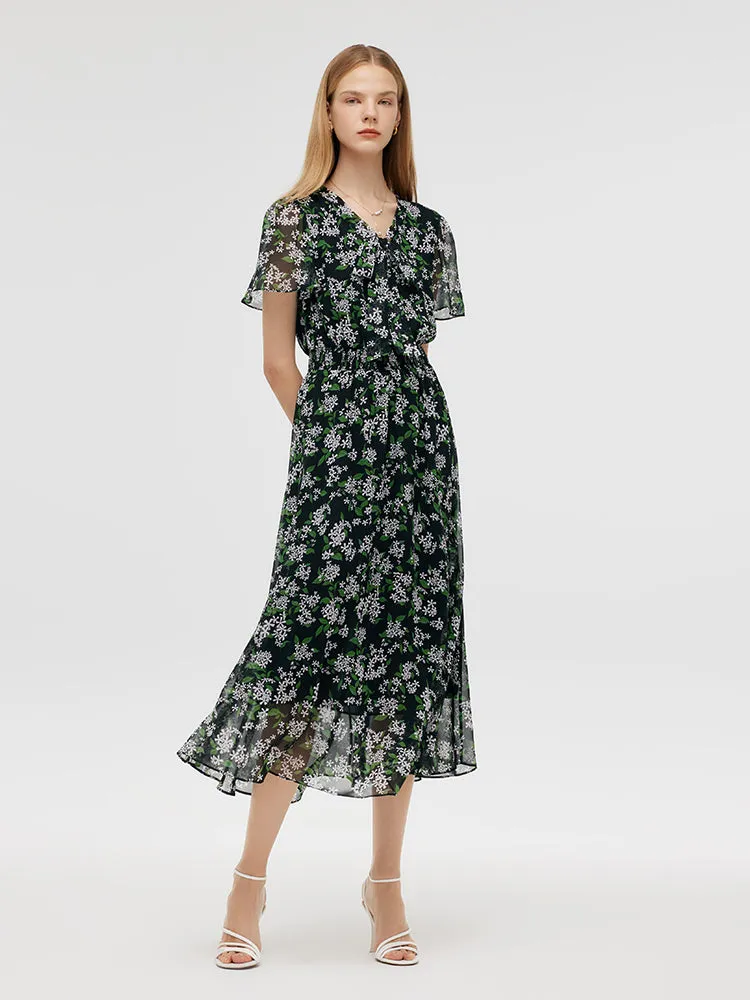 10 Momme Mulberry Silk Floral Printed Bow Tie Neck Women Midi Dress