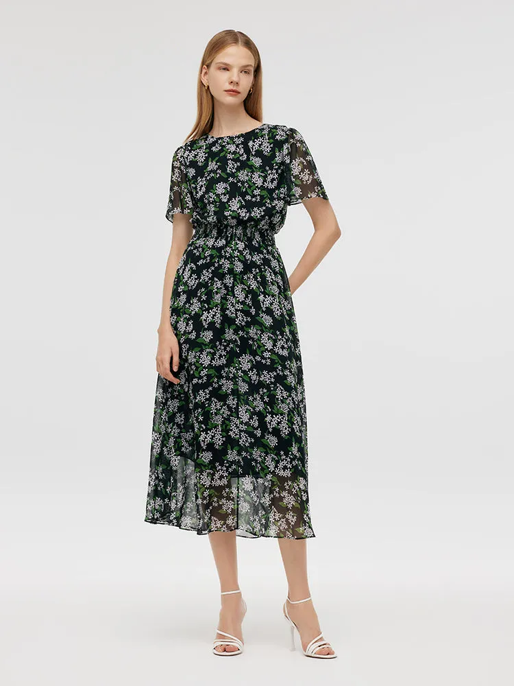 10 Momme Mulberry Silk Floral Printed Bow Tie Neck Women Midi Dress