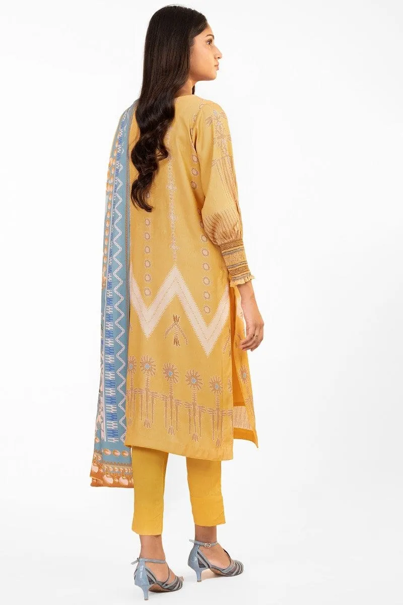 3 Pc Embroidered Corduroy Suit With Net Dupatta