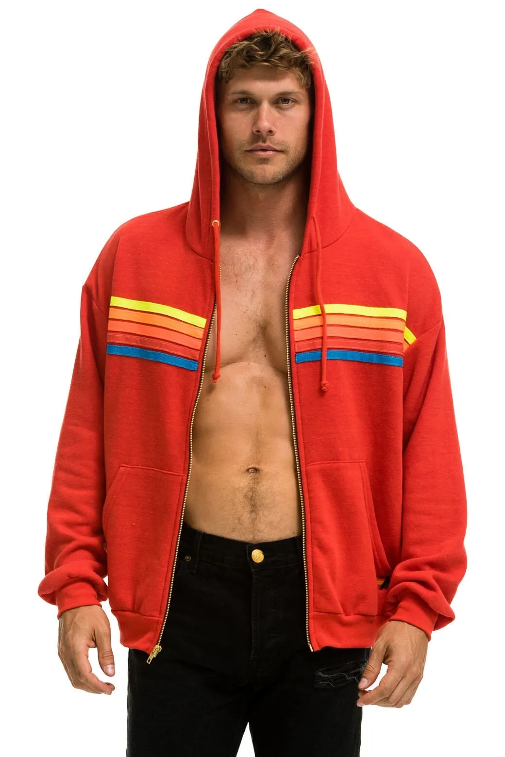 5 STRIPE RELAXED ZIP HOODIE - RED // NEON RAINBOW