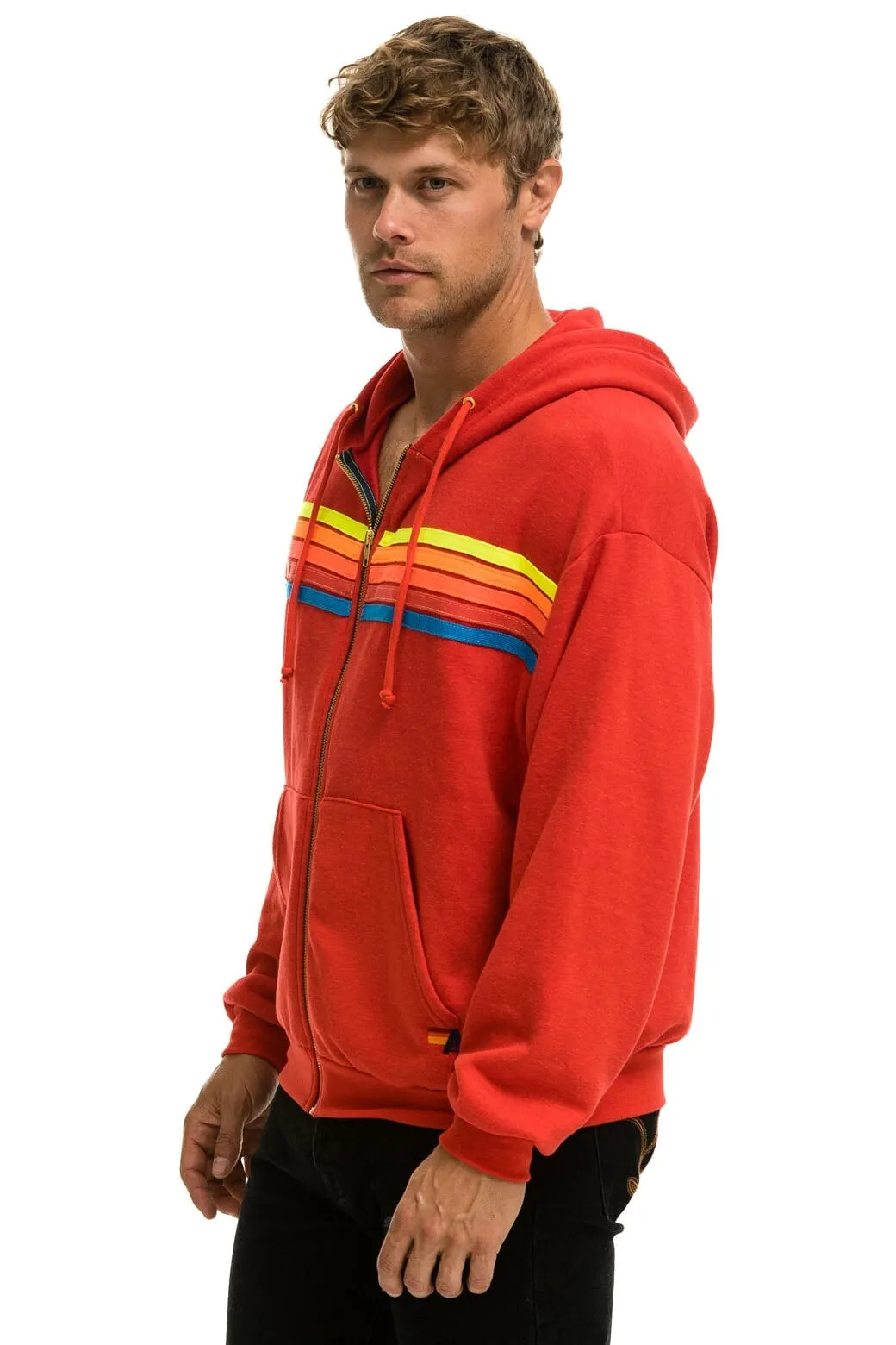 5 STRIPE RELAXED ZIP HOODIE - RED // NEON RAINBOW