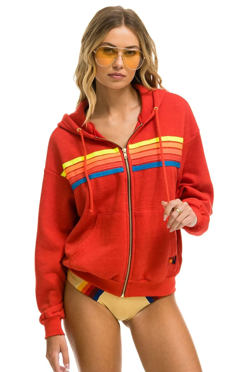 5 STRIPE RELAXED ZIP HOODIE - RED // NEON RAINBOW