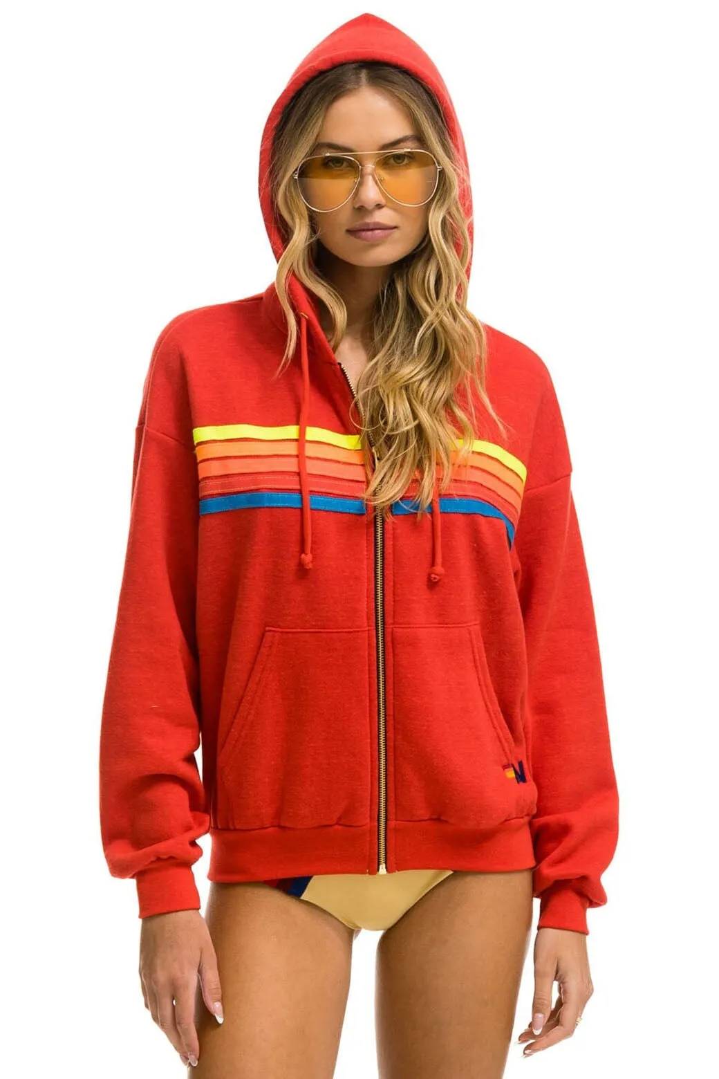 5 STRIPE RELAXED ZIP HOODIE - RED // NEON RAINBOW