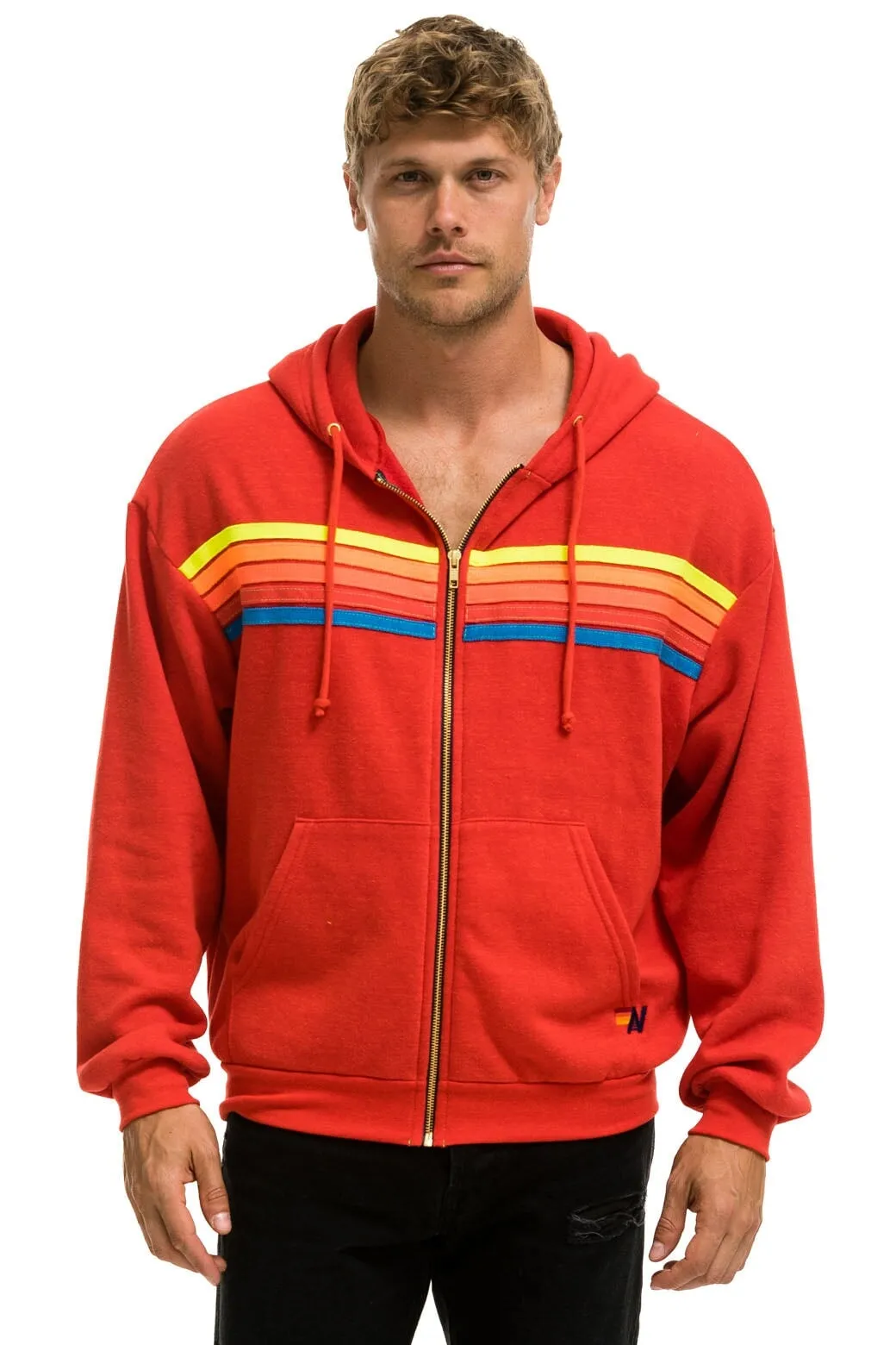 5 STRIPE RELAXED ZIP HOODIE - RED // NEON RAINBOW