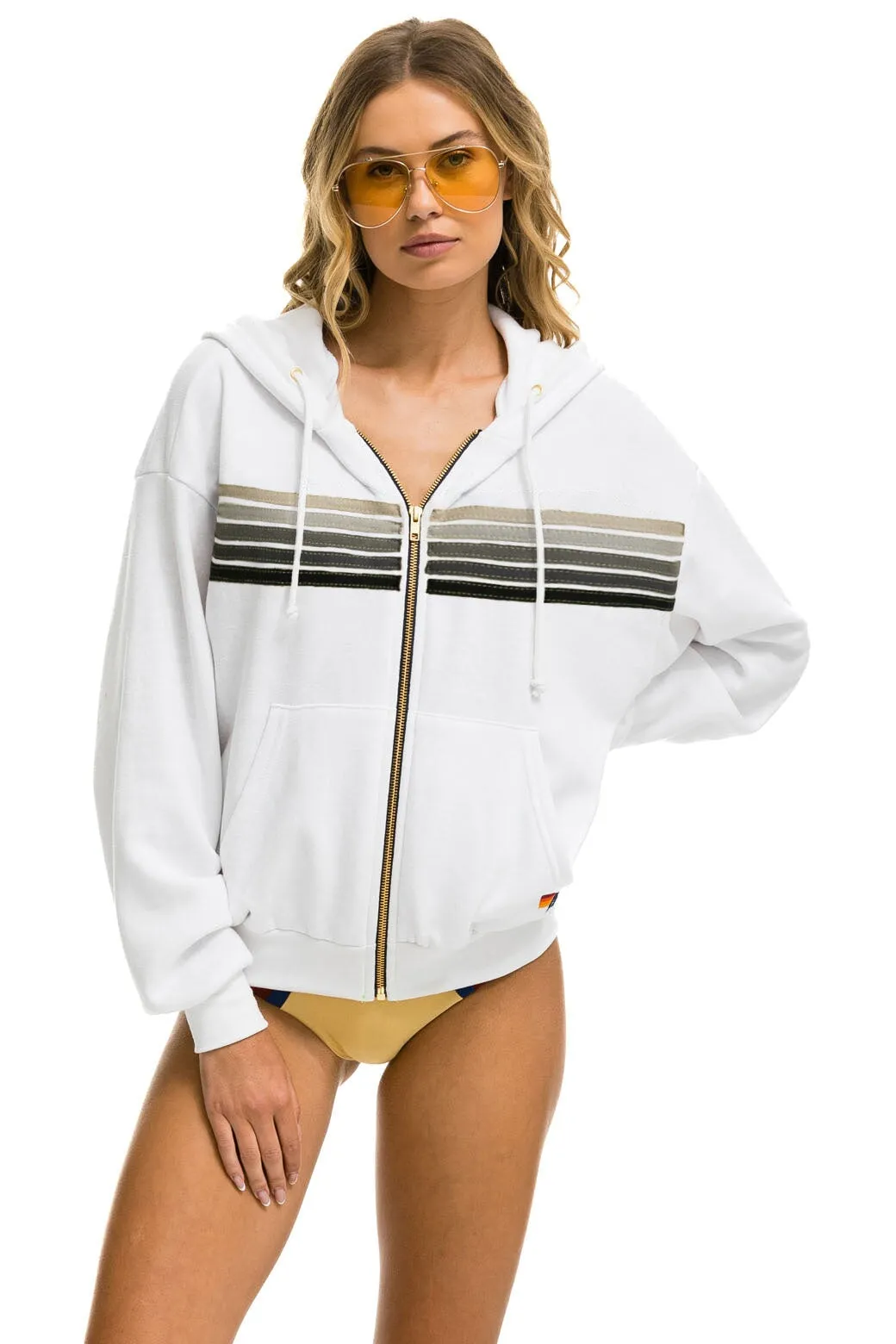 5 STRIPE RELAXED ZIP HOODIE - WHITE // GREY