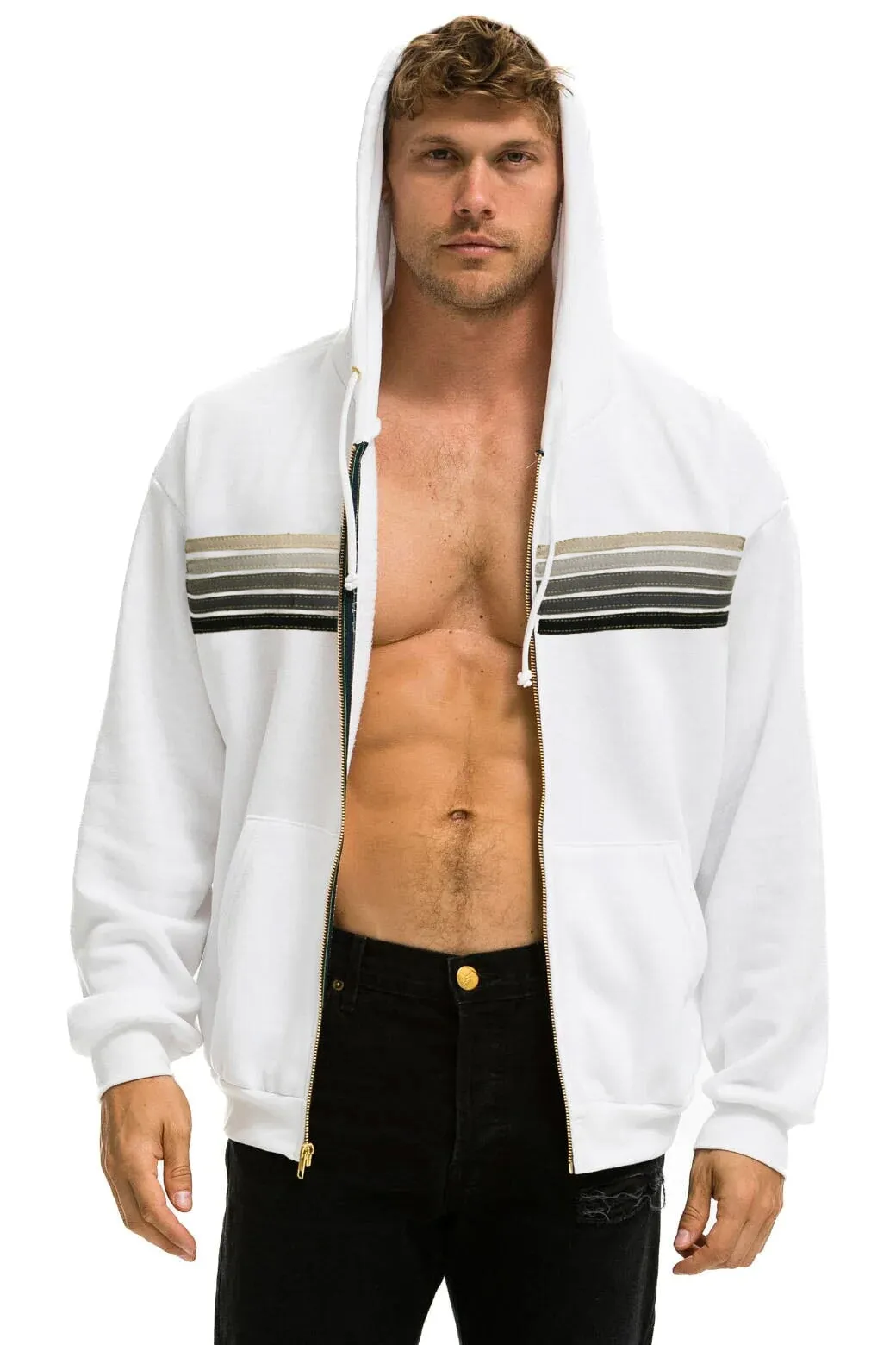 5 STRIPE RELAXED ZIP HOODIE - WHITE // GREY