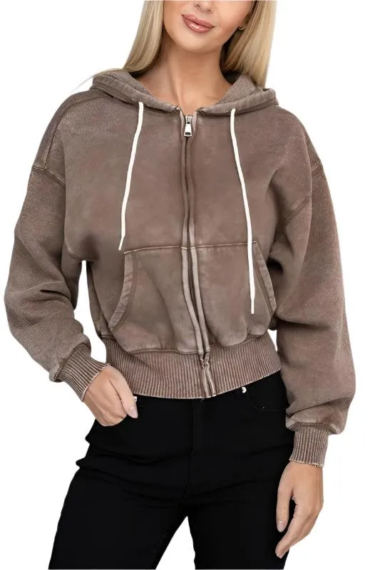 Acid Wash Fleece Cropped Zip-Up Hoodie