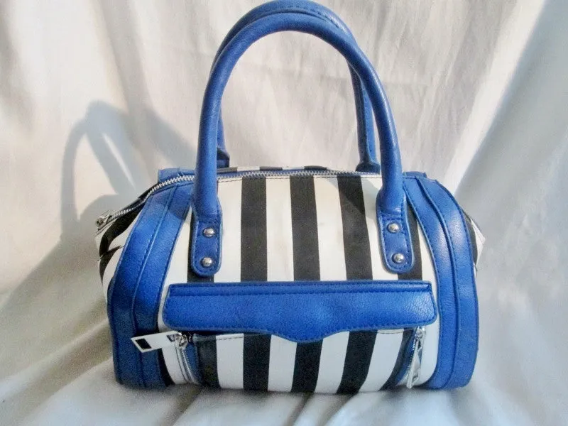 AVON Vegan Mini Duffle Purse Satchel Handbag Gym Bag BLACK WHITE BLUE Stripe