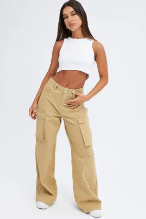 Beige Cargo Jeans Wide Leg Mid Rise