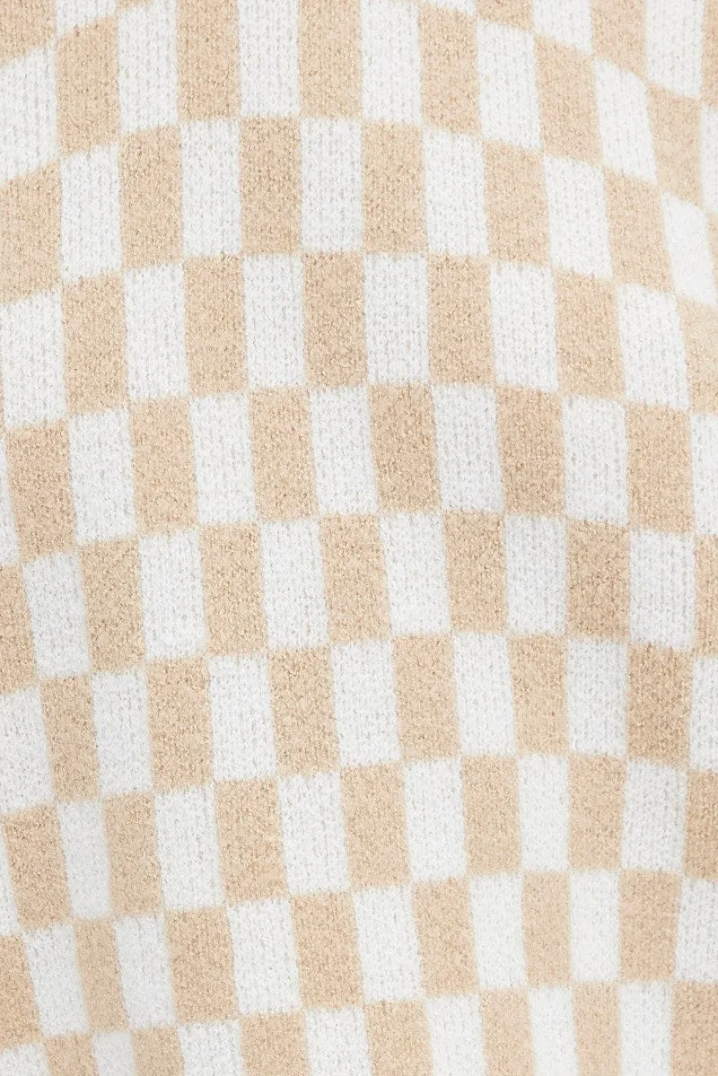 Beige Check Knit Jumper Long Sleeve