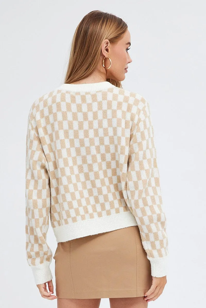 Beige Check Knit Jumper Long Sleeve