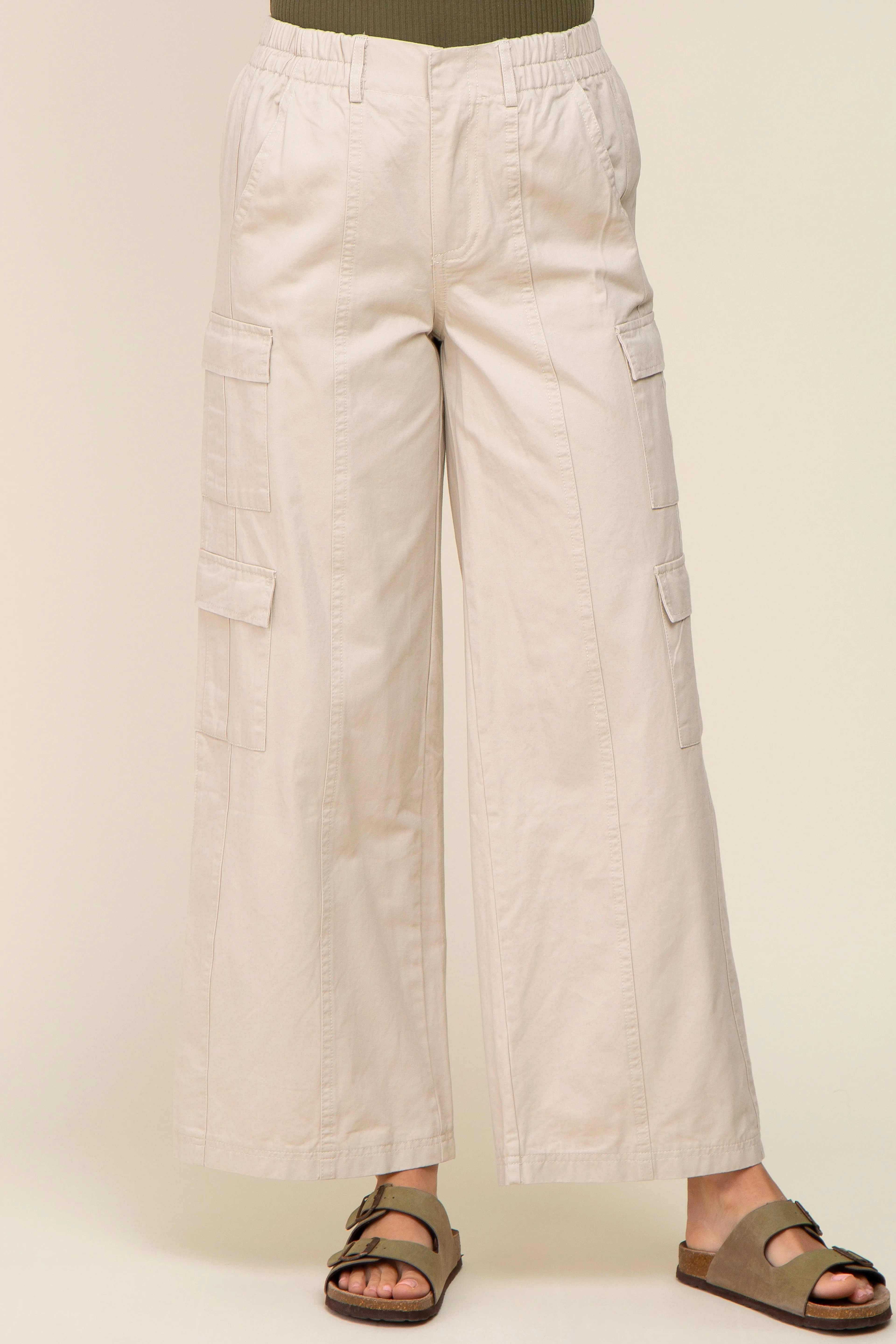 Beige Double Pocket Wide Leg Cargo Pants