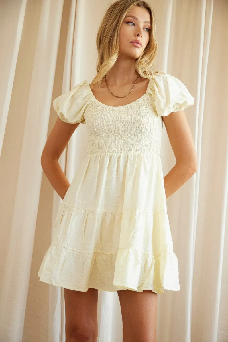 Beige Fit And Flare Dress Short Sleeve Scoop Neck