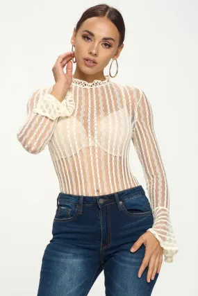 Beige Long Flare Sleeves Lace Bodysuit