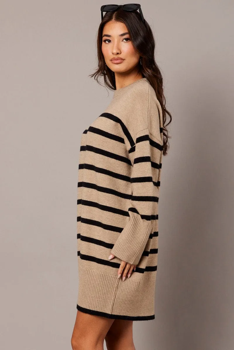 Beige Stripe Knit Dress Long Sleeve Crew Neck Oversized