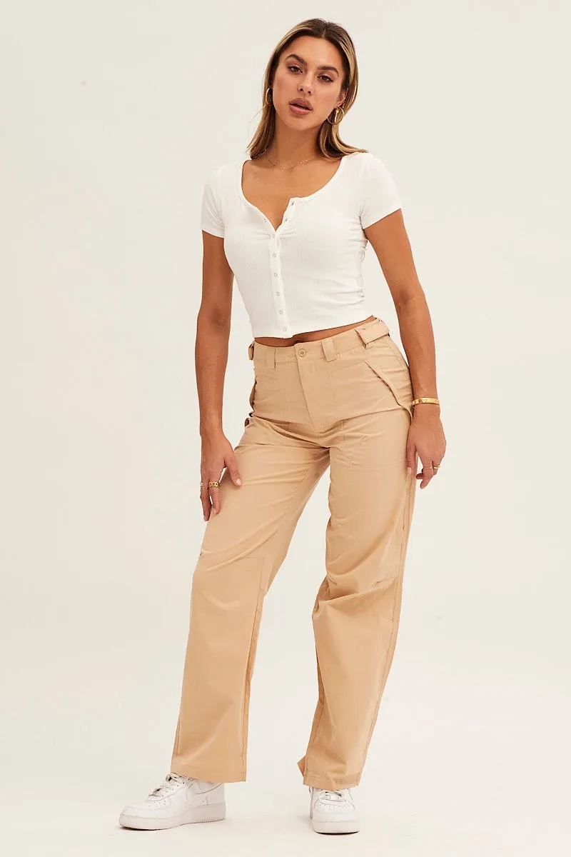 Beige Wide Leg Carpenter Pants