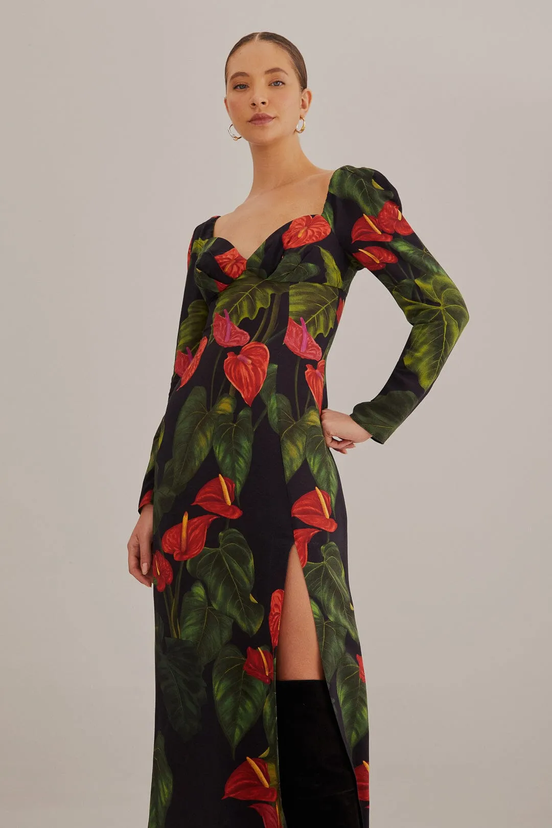 Black Anthurium Slit Midi Dress