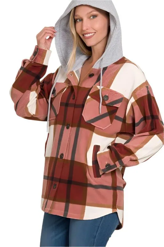 Black Plaid Drawstring Hooded Fleece Shacket