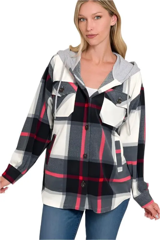 Black Plaid Drawstring Hooded Fleece Shacket