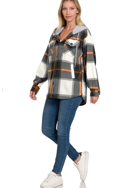 Black Plaid Drawstring Hooded Fleece Shacket