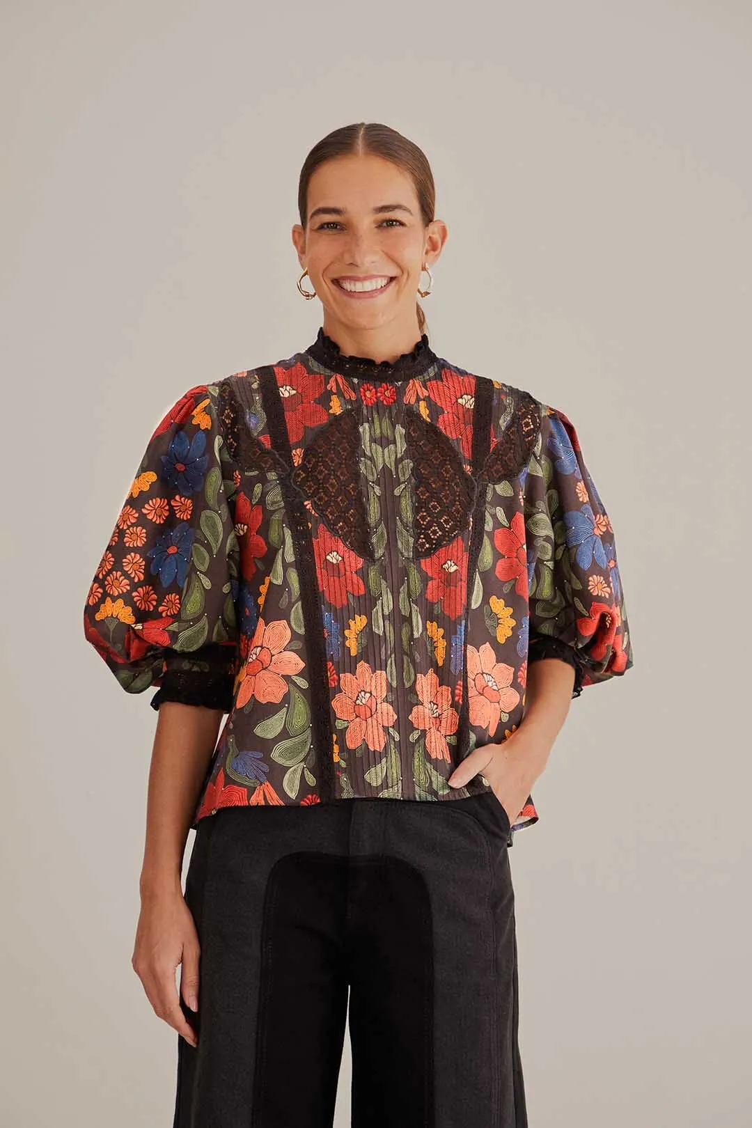 Black Stitched Flowers Short Sleeve Blouse