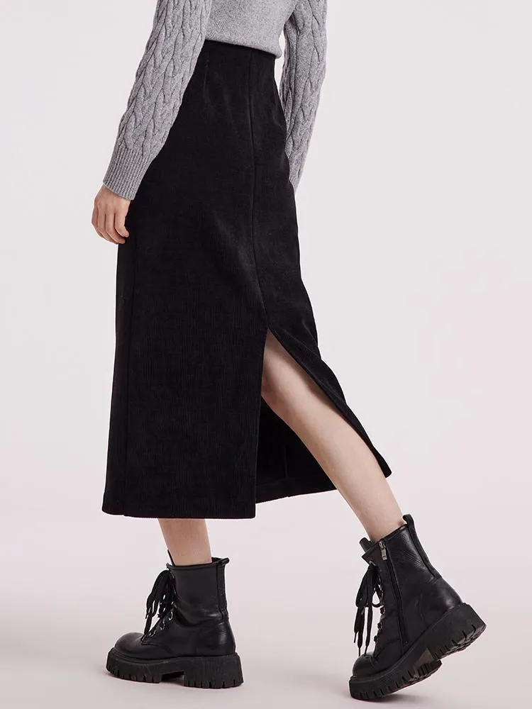 Black Straight Knitted Slit Skirt