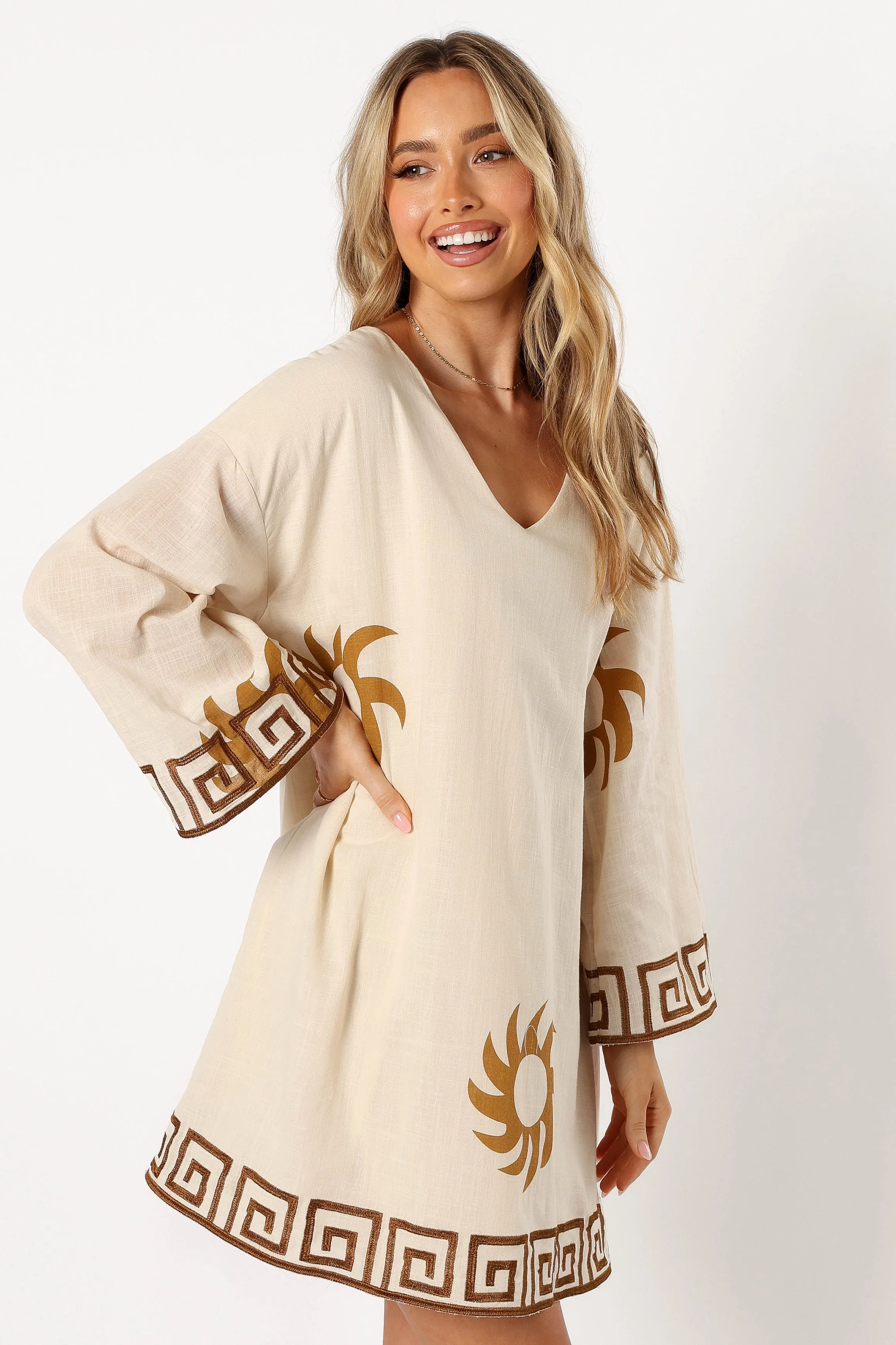 Bondi Long Sleeve Linen Mini Dress - Beige Brown