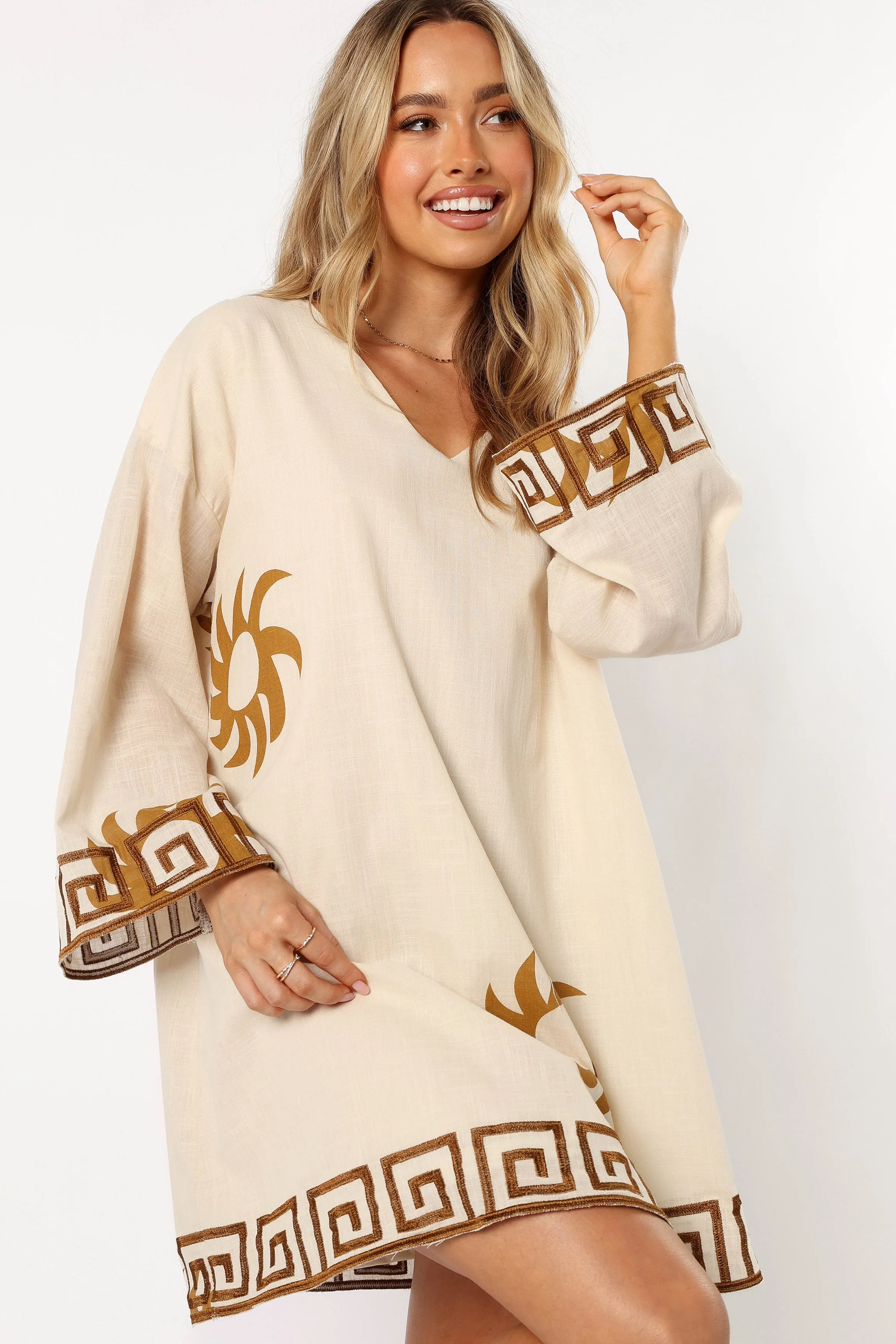 Bondi Long Sleeve Linen Mini Dress - Beige Brown