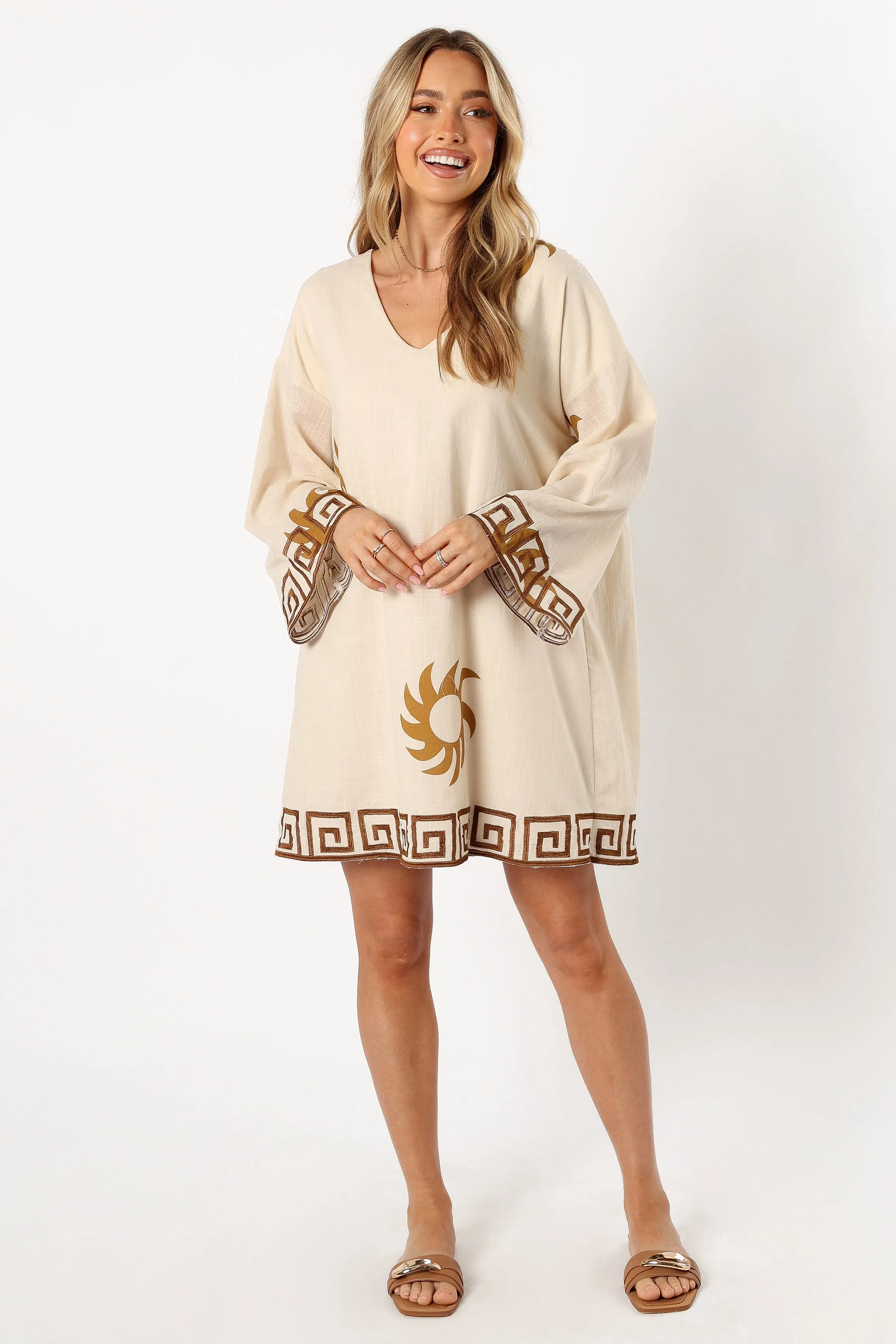 Bondi Long Sleeve Linen Mini Dress - Beige Brown