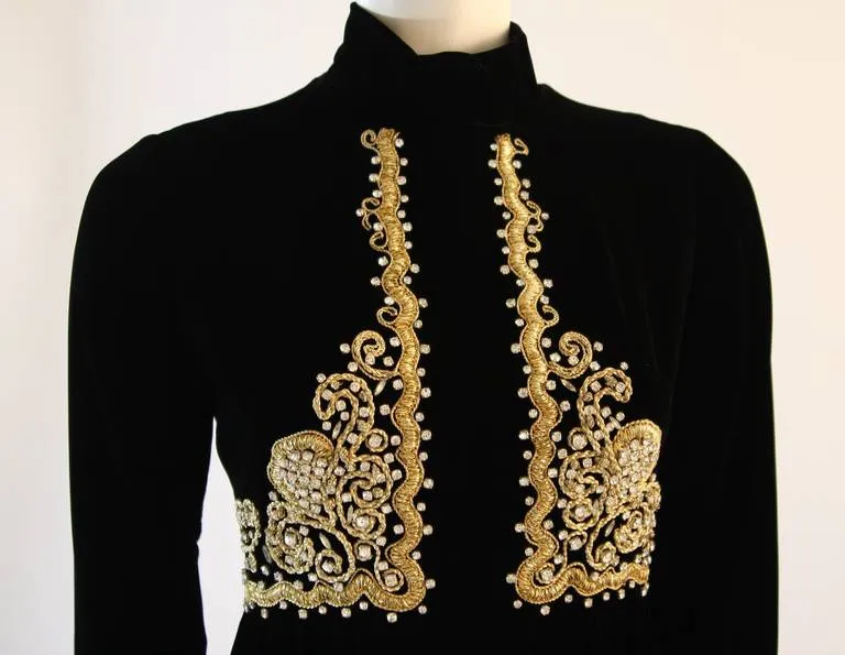 CUSTOM Vintage Circa 1960s Black Velvet Rhinestone Gown