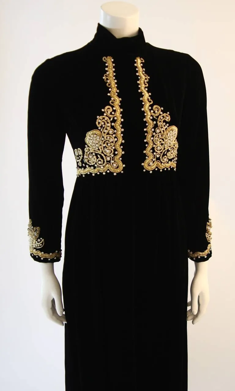 CUSTOM Vintage Circa 1960s Black Velvet Rhinestone Gown