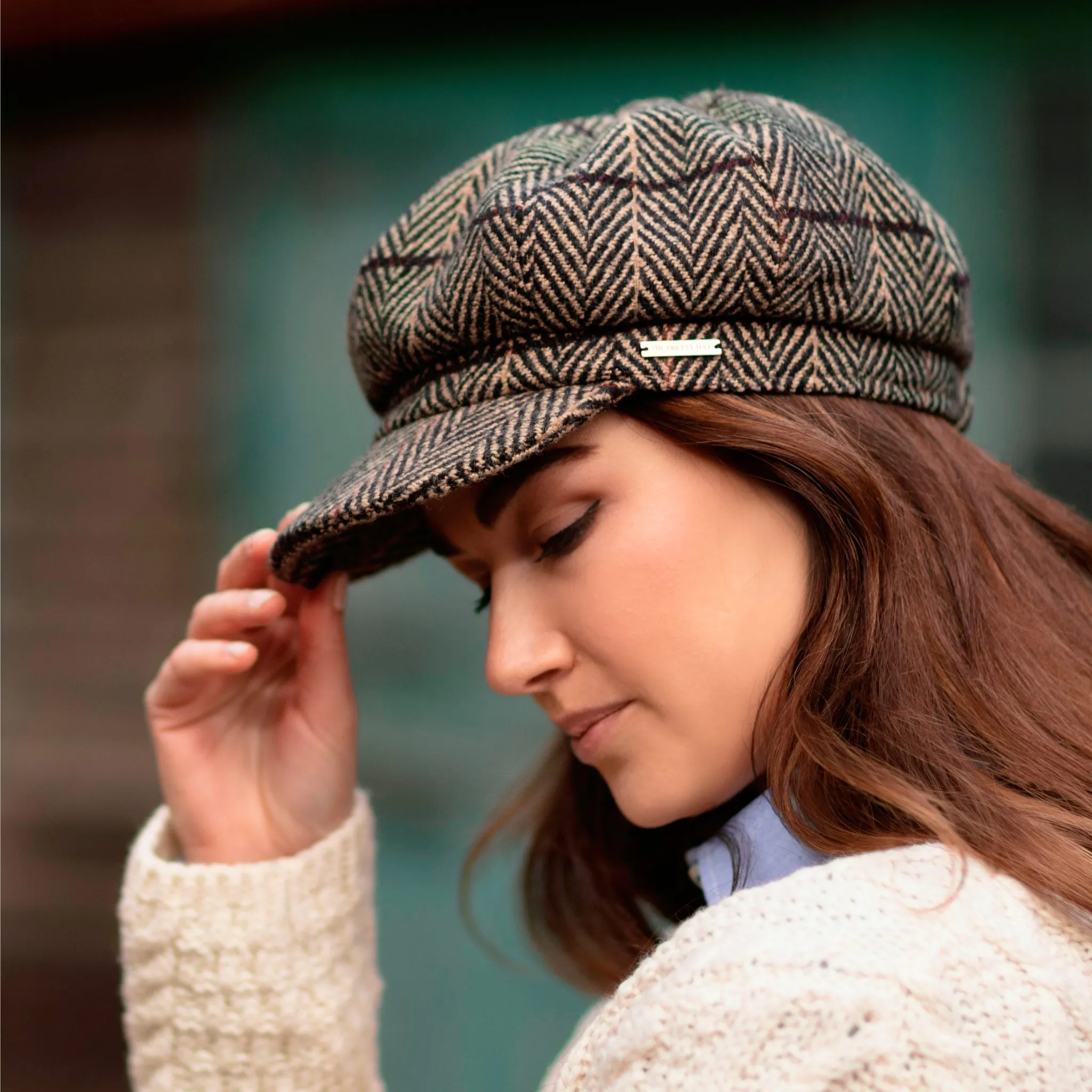 Elena Herringbone Tweed Baker Boy - Bourbon