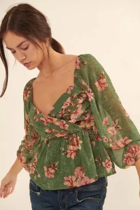 Enchanted Garden Floral Chiffon Peasant Top