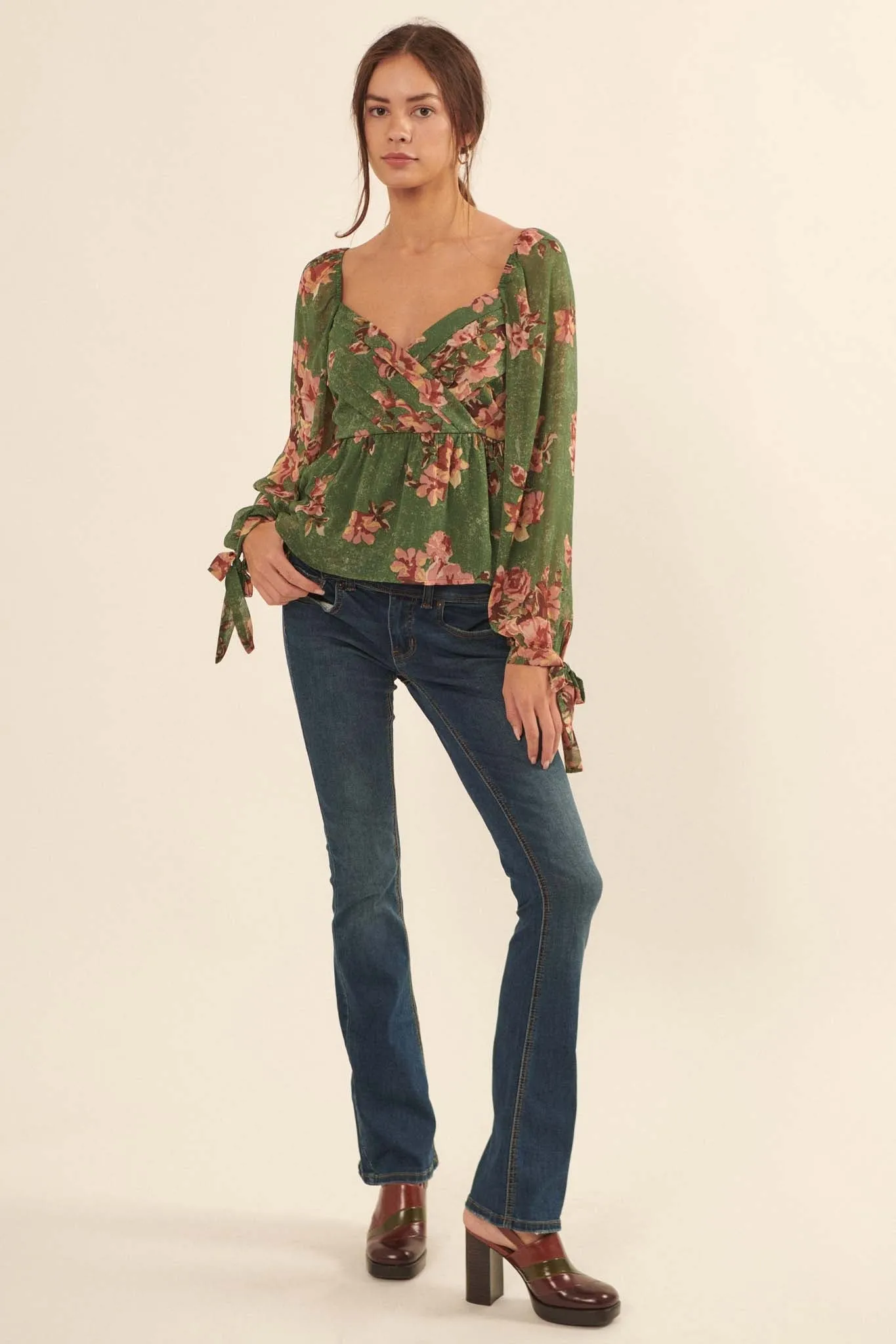 Enchanted Garden Floral Chiffon Peasant Top