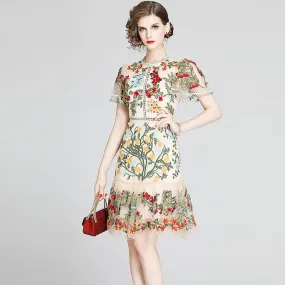 Fashion Runway Handcrafted Summer Dress Women's Flare Sleeve Floral Embroidery Elegant Mesh Hollow Out Mini Dresses