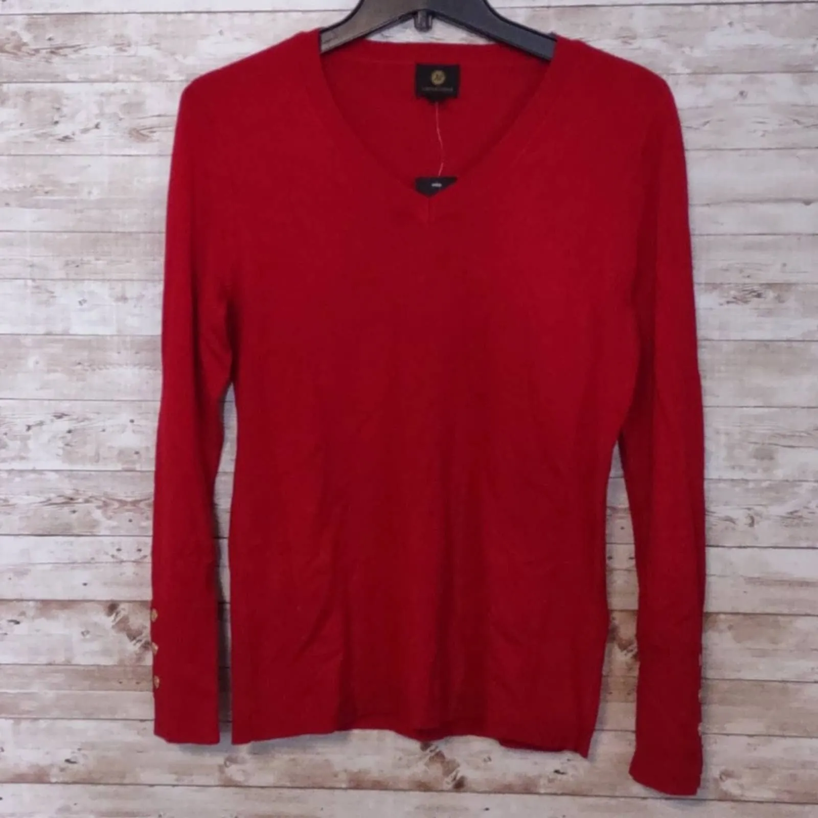 JM Collection Button Cuff V Neck Sweater Red S