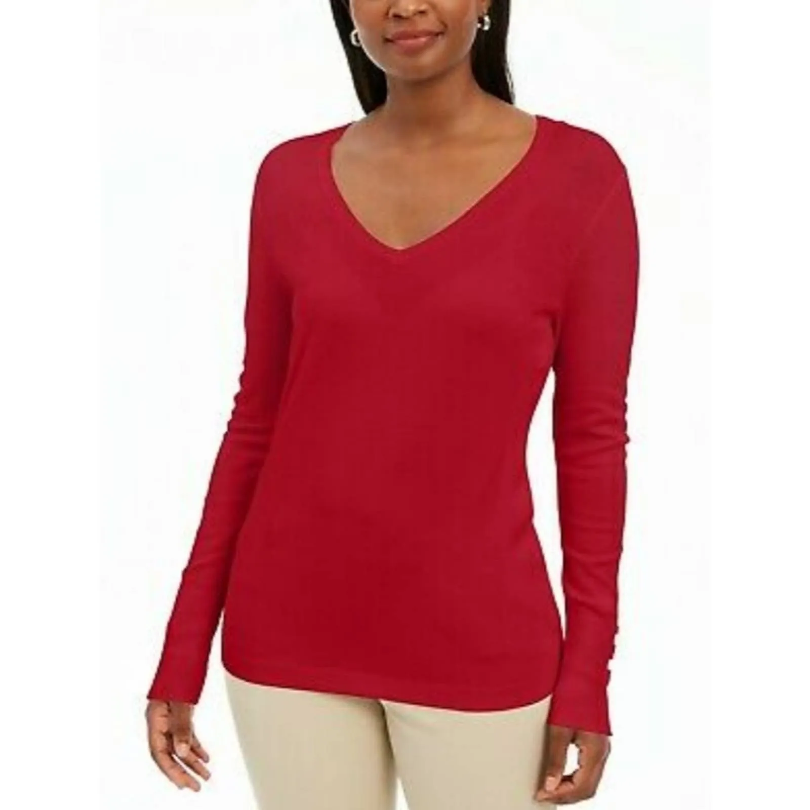 JM Collection Button Cuff V Neck Sweater Red S