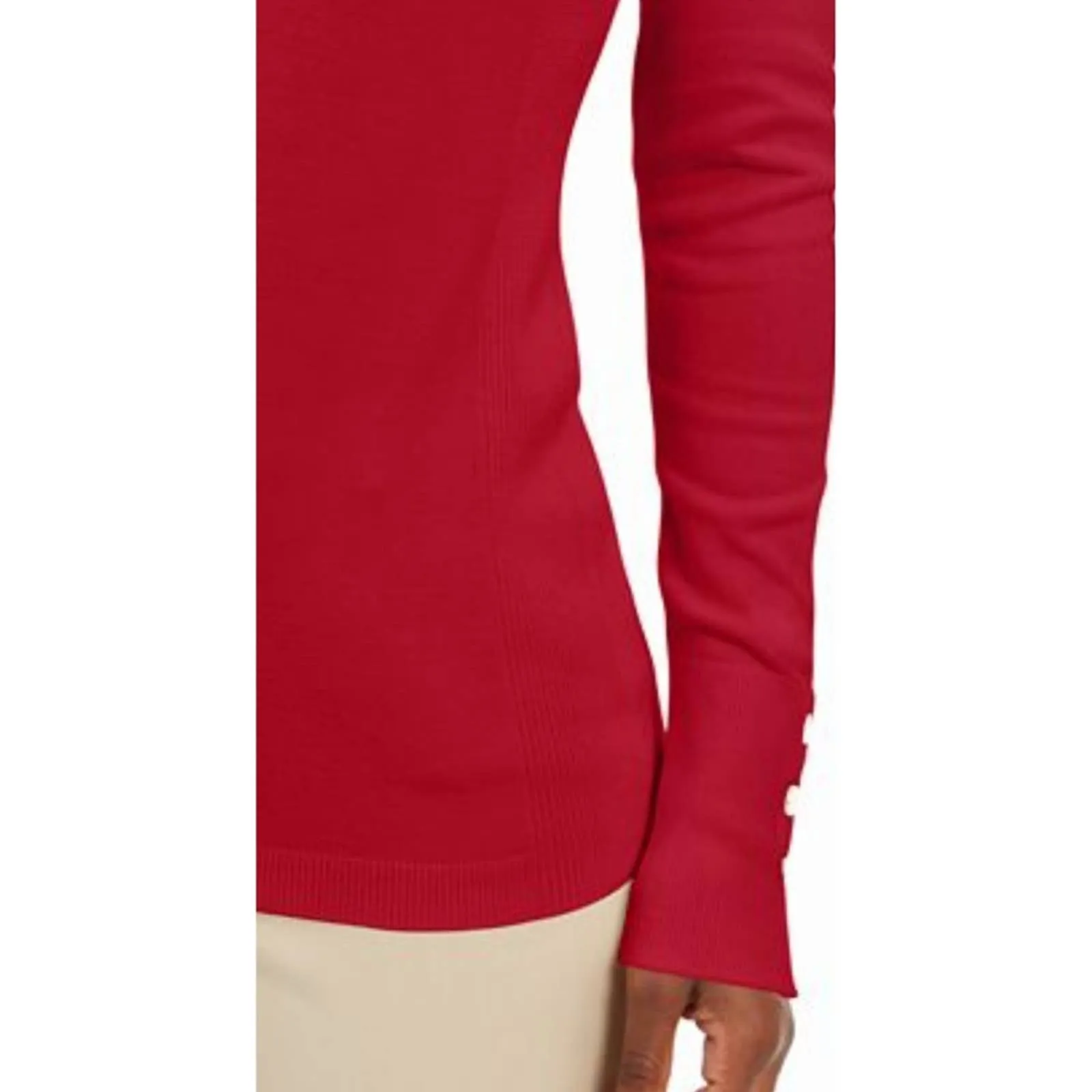 JM Collection Button Cuff V Neck Sweater Red S