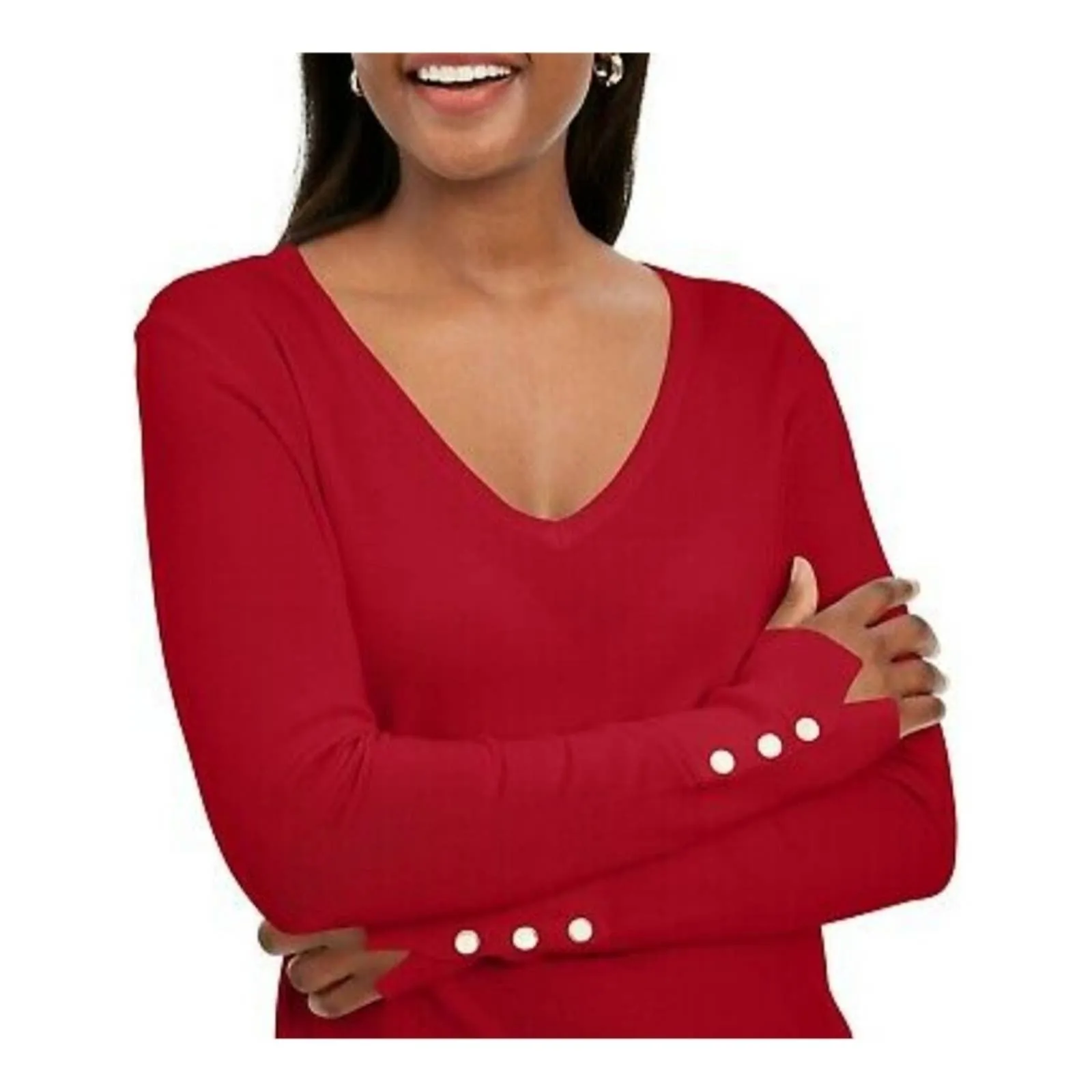 JM Collection Button Cuff V Neck Sweater Red S