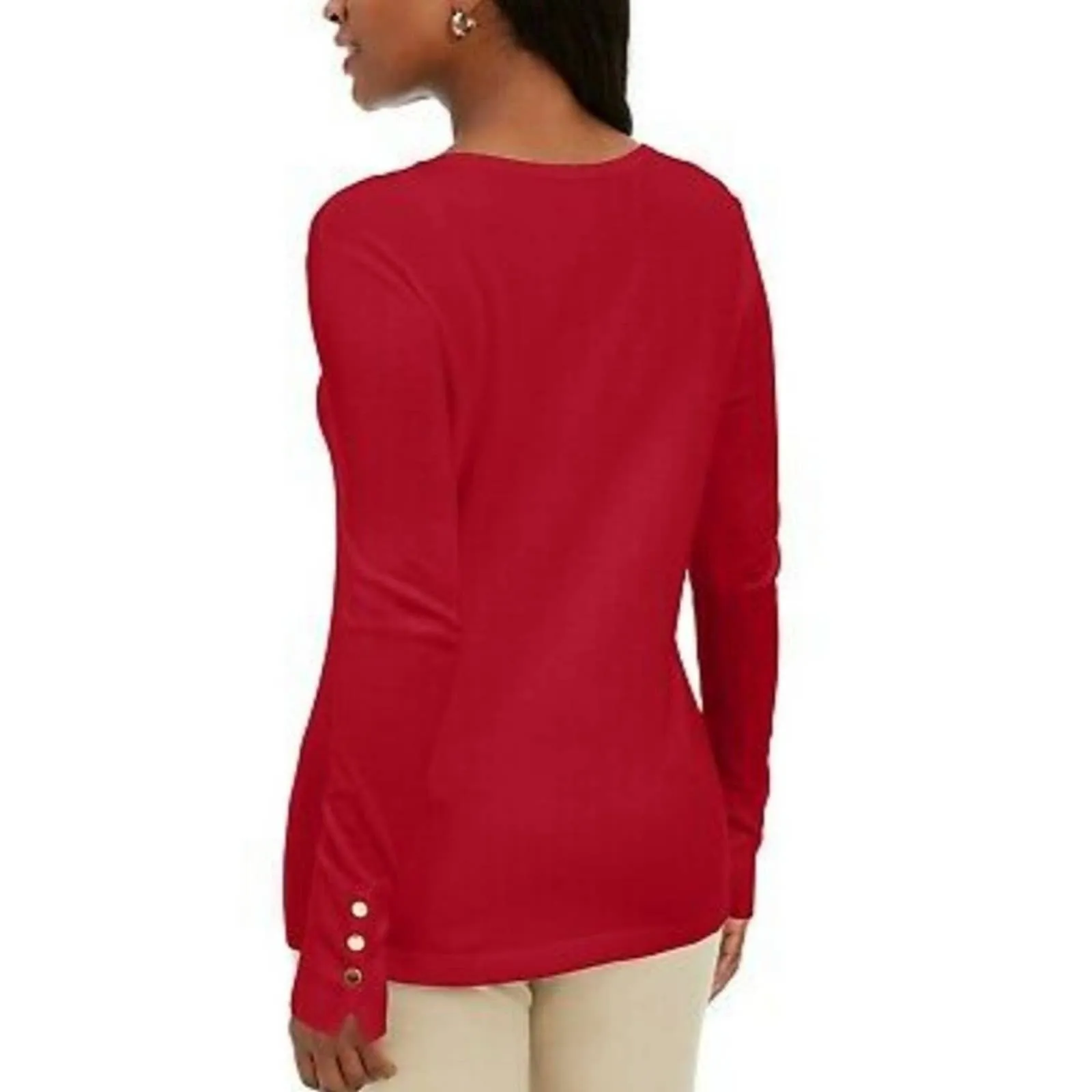 JM Collection Button Cuff V Neck Sweater Red S