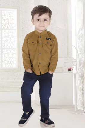 Khakhi with Navy Blue Casual Wear Pant and Shirt Set for Boys