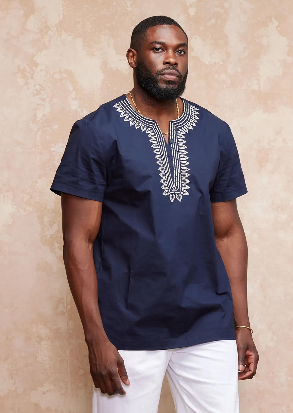 Lubanzi Men's Embroidered Tunic Shirt (Navy/Tan)