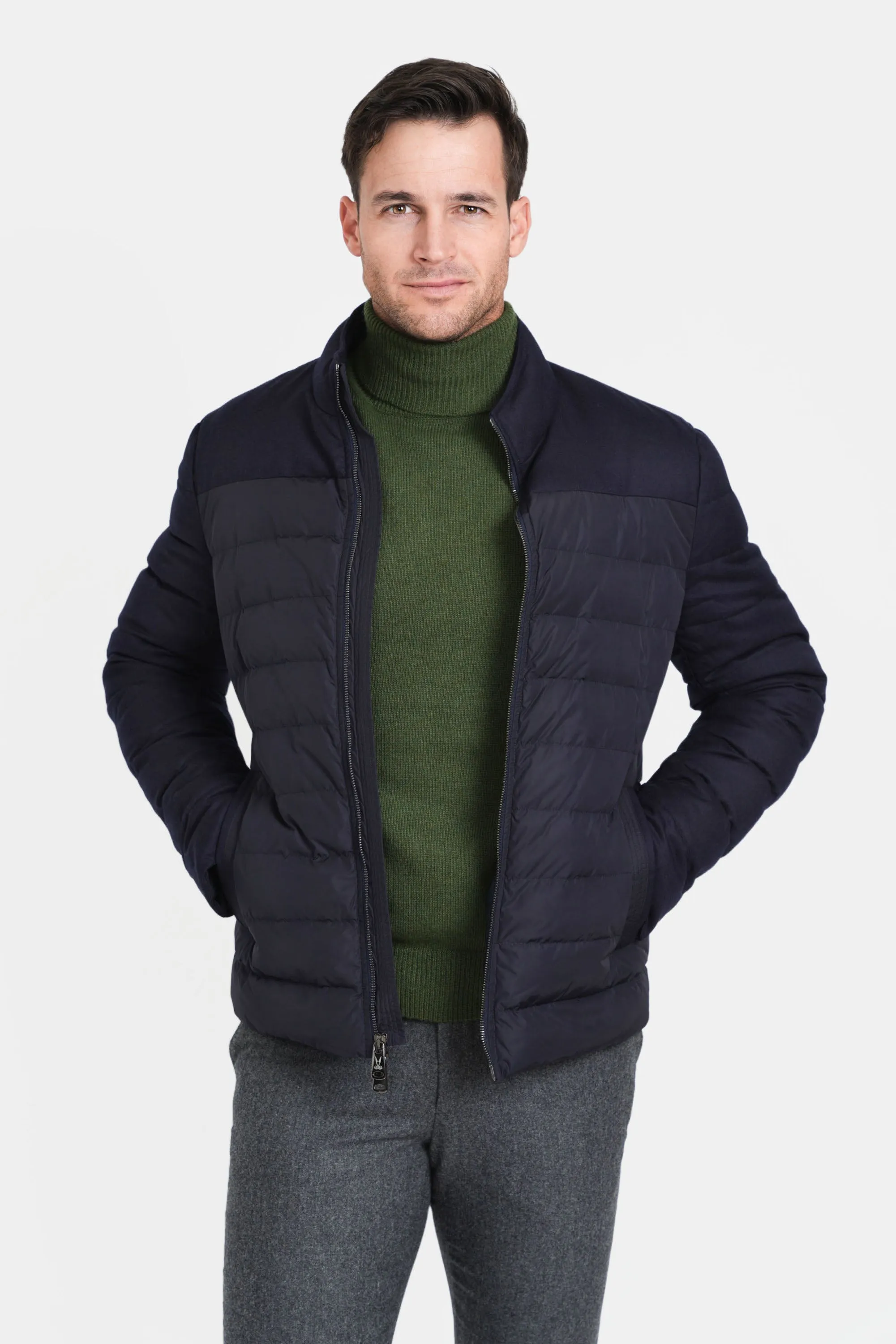 Mixed Media Stretch Wool Bomber, Navy