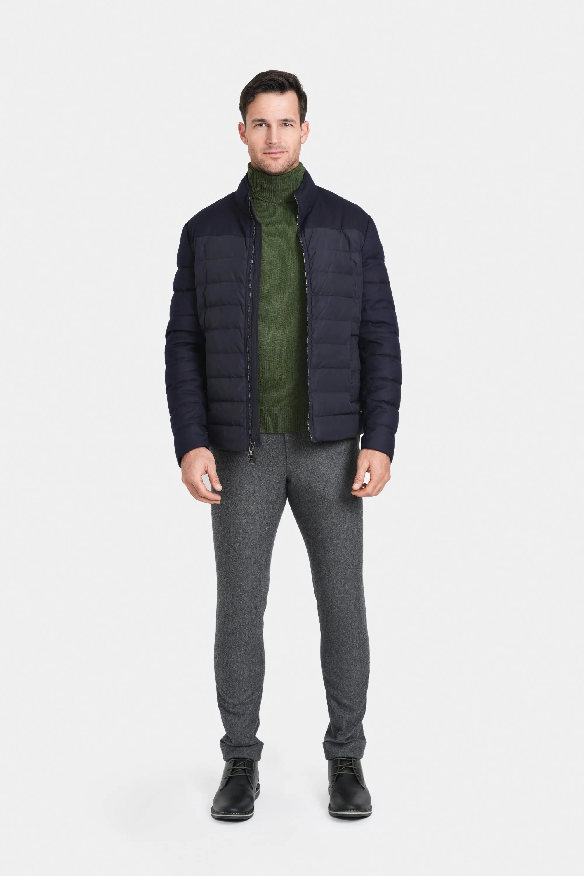 Mixed Media Stretch Wool Bomber, Navy