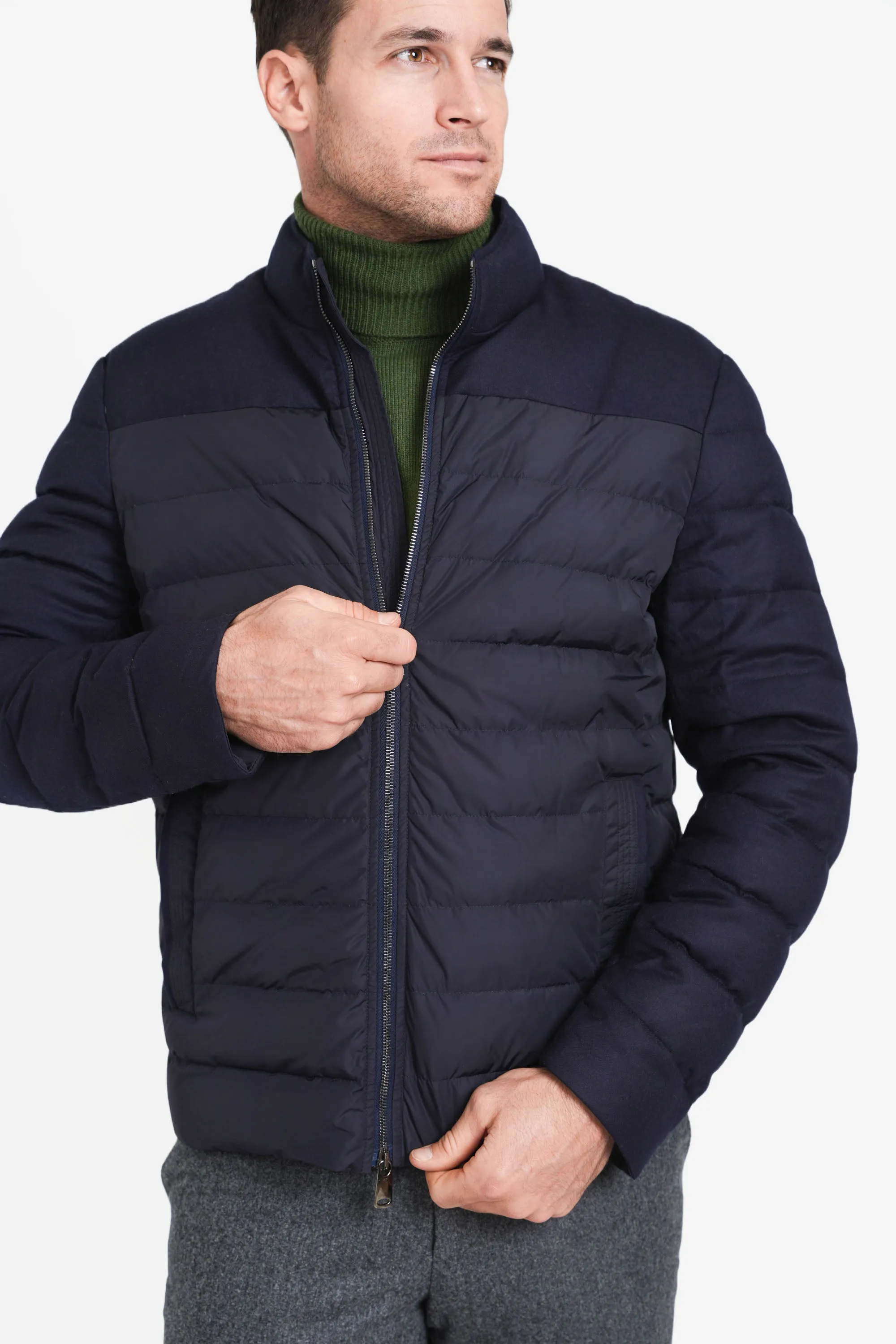 Mixed Media Stretch Wool Bomber, Navy