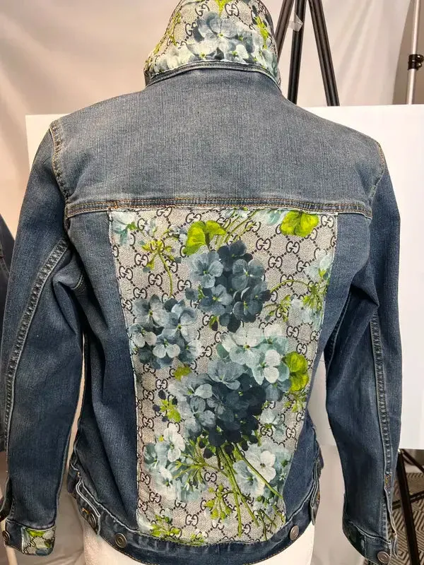 Monogram Hydrangea Blue Bloom Scarf on Denim Jacket