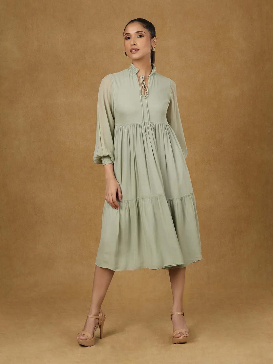 Olive Solid Tiered Dress