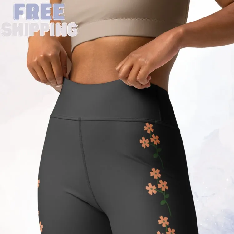 Pink Floral Gray High Waist Leggings for Her