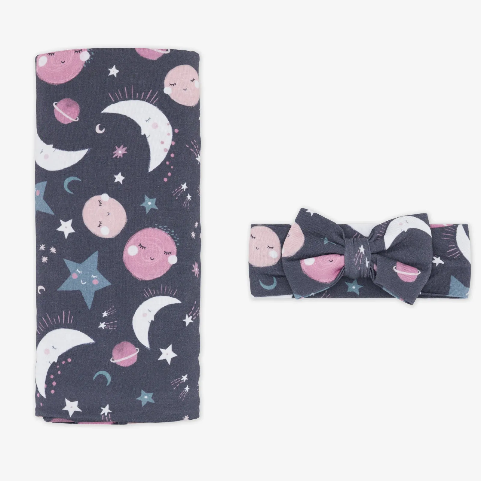 Pink To the Moon & Back Swaddle & Luxe Bow Headband Set